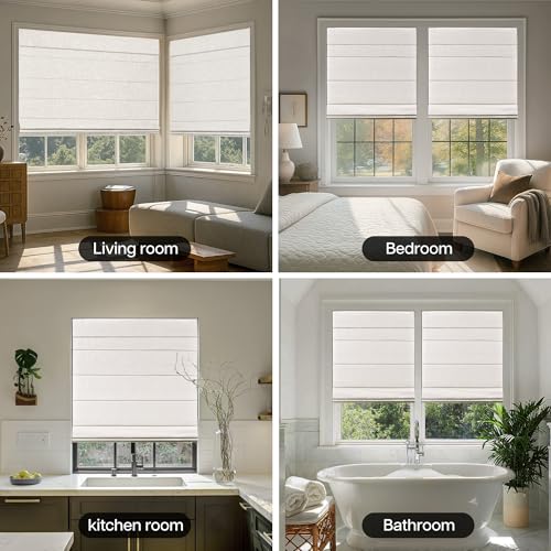 LazBlinds No Tools No Drill Cordless Roman Shades for Windows, Blackout Thermal Insulated UV Blocking Window Blinds, Lightweight Fabric Blinds for Indoor Windows, 34.5" W x 48" H, Blackout - White