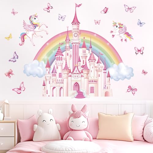 wondever Rainbow Castle Wall Stickers Fairy Tale Unicorn Butterfly Peel and Stick Wall Art Decals for Baby Nursery Girls Bedroom Toddler Room