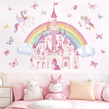wondever Rainbow Castle Wall Stickers Fairy Tale Unicorn Butterfly Peel and Stick Wall Art Decals for Baby Nursery Girls Bedroom Toddler Room