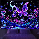 Yuiqear Blacklight Butterfly Tapestry UV Reactive Floral Plant Tapestries Trippy Nature Landscape Wall Tapestries Mysterious Starry Night Sky Tapestry Wall Hanging for Bedroom Decor