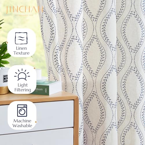 jinchan Boho Linen Blend Beige Farmhouse Curtains 84 Inch Length 2 Panels Set Blue Embroidered Leaf Living Room Ogee Geometry Drapes Light Filtering Curtains Grommet Blue on Flax