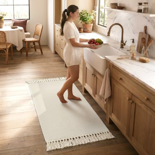 Collive 2' x 4.3' Boho Kitchen Runner Rug, White Washable Bathroom Rug