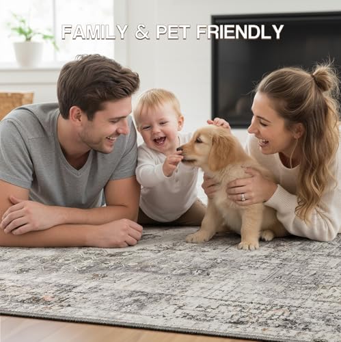 YOH Boho Washable Rug 5x7, Charcoal Gray Vintage Non Slip Area Rug, Distressed Indoor Carpet for Living Room Bedroom Kitchen Office