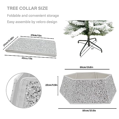White Christmas Tree Collar with Sparkling Sequins,Christmas Tree Collars for Atificial Trees, 33.5 Inch Christmas Tree Skirt, Xmas Tree Stand Base Cover,Holiday Home Decor Tree Ring(Large)
