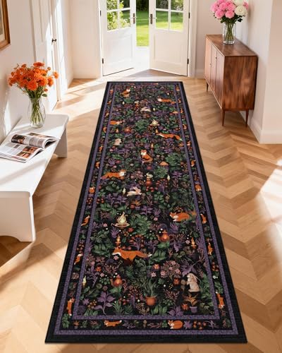 nesrt Animal Print Runner Rugs for Hallway 3x10ft Non Slip, Washable Fantasy Jungle Fox Kitchen Runners, Long Fantasy Floor Carpet for Entryway Doorway Laundry Room Decor (Black)