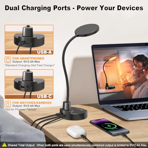 15W LED Desk Lamp with USB Charging Ports – Dimmable Table Lamp with 3 Color Temps, 5 Brightness, 4 Timers, Flexible Gooseneck Light with Base, Eye-Caring Reading Light for Home Office, Bedroom, Study