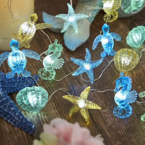 Nautical Theme Ocean Décor Beach Decorative String Lights Outdoor Seahorse Sea Turtle Starfish Shell Cute Marine Life Novelty Night Lights 30LED 10ft Battery Operated