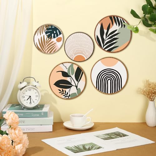 Qunclay 5 Pcs Wall Art Decor Wooden Living Room Wall Decor Bohemian Hanging Farmhouse Geometric 10'' and 8'' Aesthetic Wood Minimalist Posters for Bedroom(Boho, Leaf)
