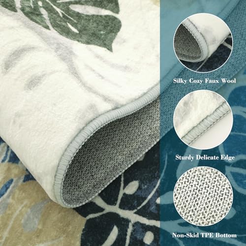 Wonnitar 2x6 Washable Runner Rug, Blue Leaf Kitchen Rug Runner with Rubber Backing, Tropical Coastal Low Pile Entry Carpet Soft Non-Shedding Bedside Mat for Bedroom Entrance Laundry