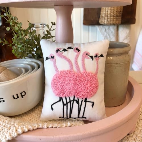 Novabright Pink Flamingo Tiered Tray Decor 4" x 5" Mini Decorative Pillow with 3D Towel Embroidery Small Summer Flamingo Pillow Tropical Summer Beach Theme Cushion Decor for Home Kitchen Table Party