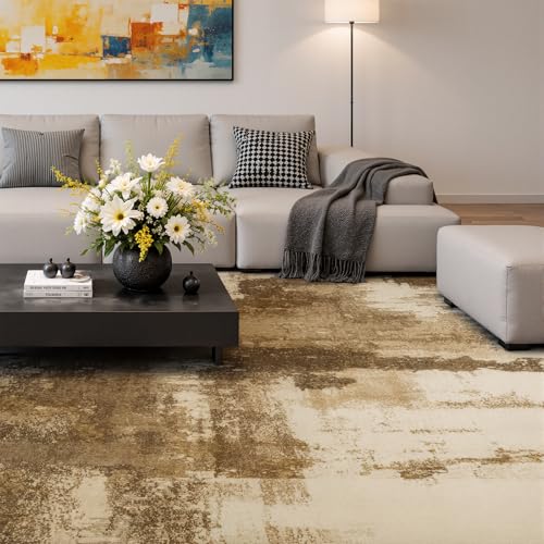 5x7 Brown Washable Area Rug Non-Slip Faux Wool Abstract Rug