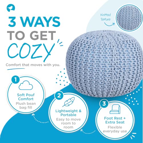 BIRDROCK HOME Round Pouf Ottoman Foot Rest - 18.5”x18.5”x15” Boho Compact Comfortable Soft Cotton Braided Foot Stool with Bean Bag Filling for Living Room, Bedroom, or Nursery (Soft Blue)