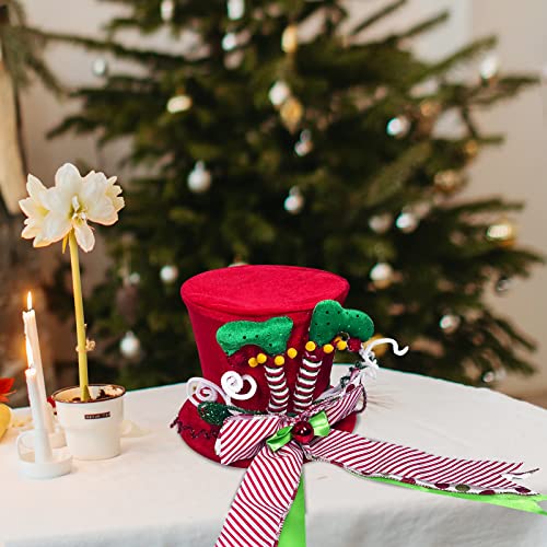Lordaeron Christmas Tree Topper Hat,Large Red Velvet Hat with Elf Legs and Lengthened Bowknot Christmas Tree Decorations Tabletop Ornaments for Holiday Home Decor