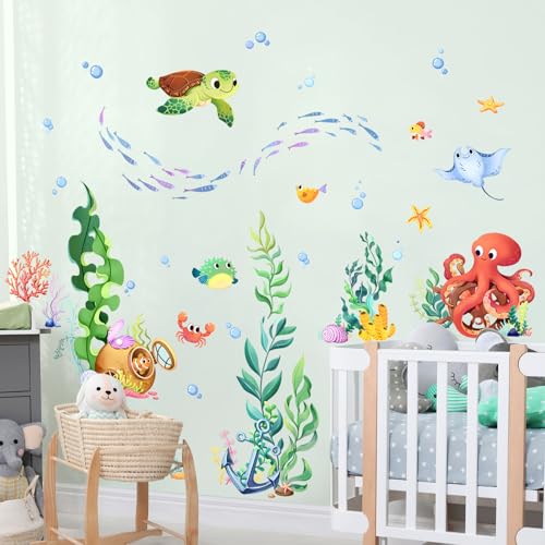 Supzone Under the Sea Wall Decals Ocean Fish Seaweed Sea Turtle Octopuses Wall Stickers for Kids Toddlers Bedroom Living Room Baby Nursery Wall Decor