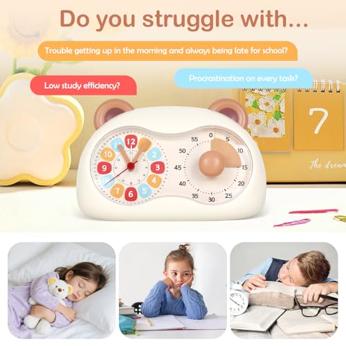 3-in-1 Alarm Clock Timer for Kids Visual Timer Dual-Screen | Analog Clock Silent Non Ticking, Pomodoro Time Management Tools, Decor Bedrooms Kids Rooms（Battery Operated)