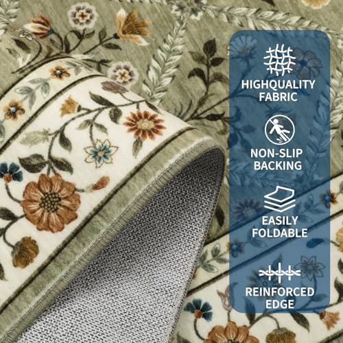 GarveeHome 8x10 Washable Large Living Room Rug Vintage Floral Carpet Green