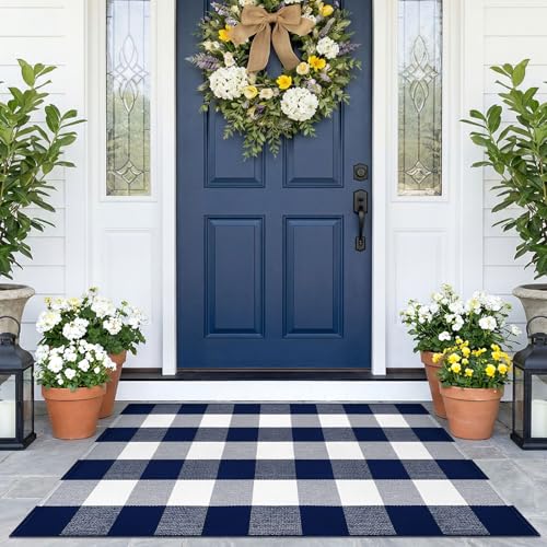 KOZYFLY Buffalo Plaid Area Rugs 2.3x3.6 Ft Blue and White Rug Washable Front Door Mat Woven Cotton Indoor Outdoor Rug for Front Porch Kitchen Entryway Patio Farmhouse Checkered Doormat