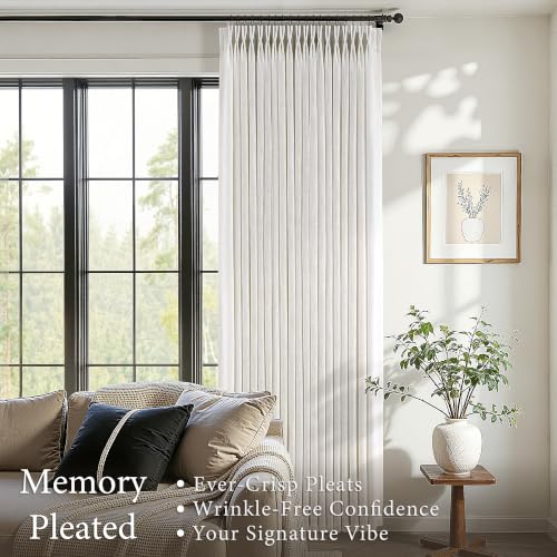 Pinch Pleated Linen Curtains 90 Inches Long for Living Dining Room Bedroom 2 Panel Set Natural Cream Birch Pinch Pleat Curtain 90 Inch Neutral Boho Floor to Ceiling Curtains Semi Sheer Linen Drapes