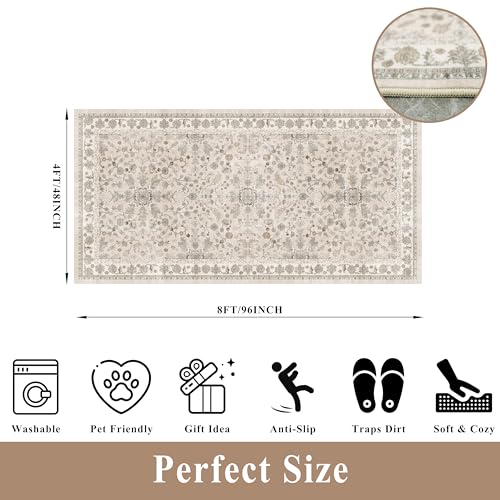 4x8 Rug Washable for Entryway Kitchen – Non-Slip Rubber Backed Area Rug for Hallway Bedroom Living Room Office,Boho Floral Low Pile Thin Floor Indoor Mat (Beige,4x8)