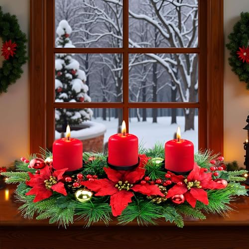 YULETIME 28" Christmas Triple Candelabrum, Poinsettia, Baubles, Red Berries