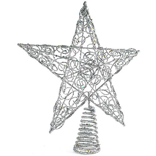 Ornativity Silver Star Tree Topper - Christmas Swirl Design Sparkle 3-D Dimensional Hallow Xmas Trees Top Star Decor Treetop Ornament Decorations