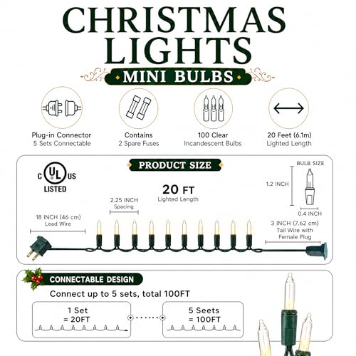 Warm White Christmas Lights, 2 Pack Total 40FT 200 Count Incandescent Christmas Mini Tree String Lights, Waterproof Christmas Decorations for Outdoor Indoor Xmas Patio Home Party Garden Yard Decor
