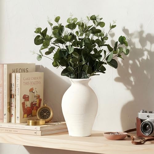 LUKA Ceramic Rustic Farmhouse Vase, 9.2 inch Whitewashed Terracotta Vase, Pottery Decorative Vases,Clay Decorative Vases for Home Decor, Table, Living Room, Shelf, Mantel Decoration(Off-White)