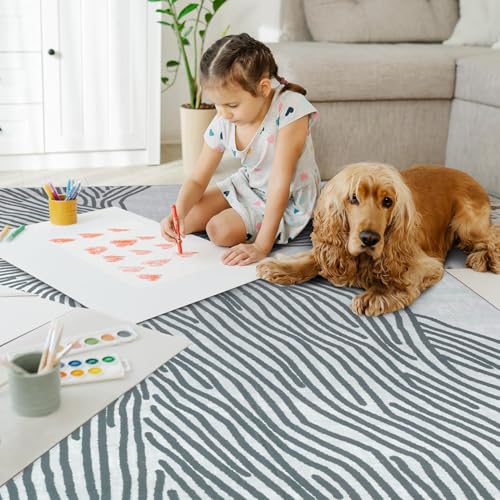 Grey Rug for Living Room, 5×7 Modern Abstract Area Rug, Geometric Contemporary Wave Striped Rugs for Playroom Nursery, Washable Nonslip Large Rug for Bedroom Dining Room
