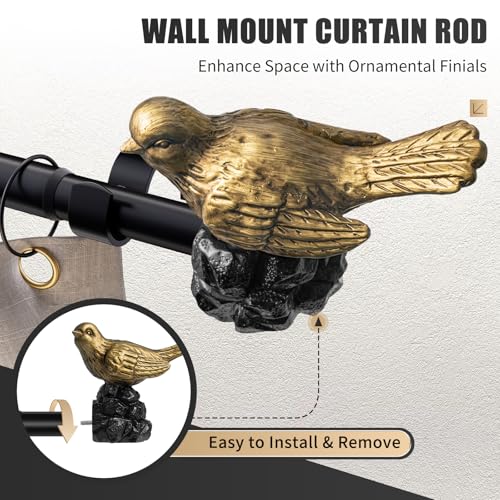 Vintage Black Curtain Rod 18 to 45 Inches Curtain Rods for Windows Adjustable Heavy Duty Drapery Rod with Gold Bird Finials for Kitchen Window Living Room