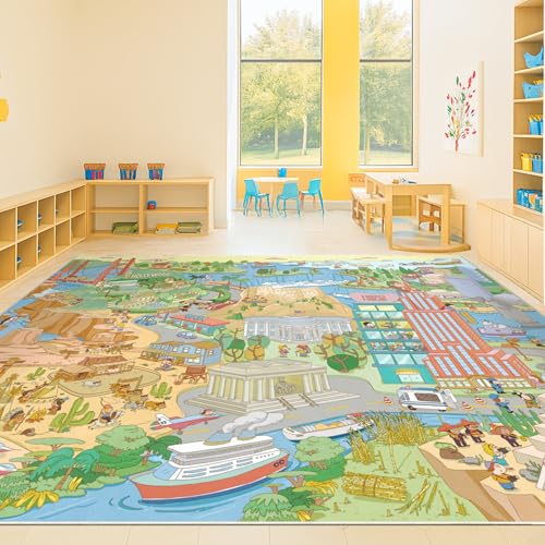 Large Kids Area Rug 6x9 – Interactive North America Map Carpet with States, Animals & Famous Landmarks – Soft Non-Slip Learning Play Mat for Kindergarten, School, or Bedroom Décor