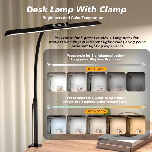 LED Desk Lamp for Office Home, Stepless Dimming Architect Desk Light with DC Adapter, Eye-Caring Desk Lamp with Clamp, 25 Lighting Modes Adjustable 12.8in Flexible Gooseneck for Workbench(Black)