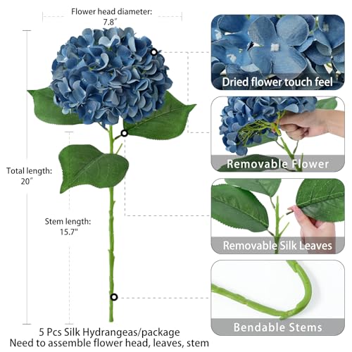 ZYTUYO 5 Pcs Dark Blue Silk Hydrangeas Artificial Flower Boho Dried Touch 20'' Faux Hydrangeas for Fall Indoor Home Decor Kitchen Living Room Outdoor Porch Wedding Flower Arrangement