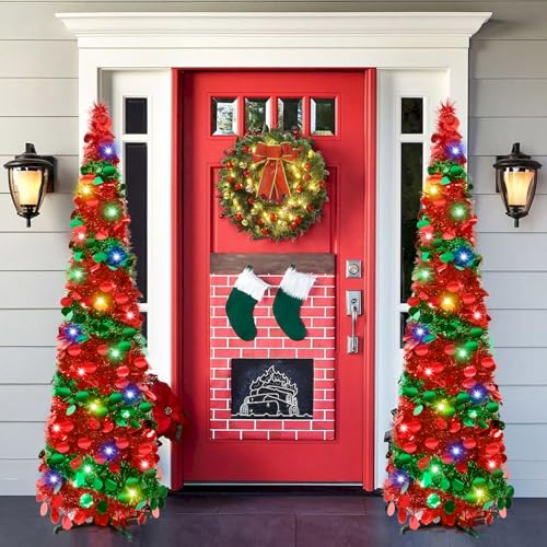 5Ft Pop Up Christmas Tree with Lights, Collapsible Pencil Tree Red Green, Skinny Christmas Tree Slim Xmas Tree, Artificial Tinsel Tree Foldable for Home Apartment Holiday Party Winter Decor