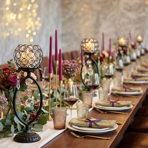 2 Pcs Elegant Metal Crystal Tea Light Candle Holders with Crystal Pendants, Hollow Design - Wedding Table Centerpieces for Anniversary Birthday Party, Home Decor (2, Black)