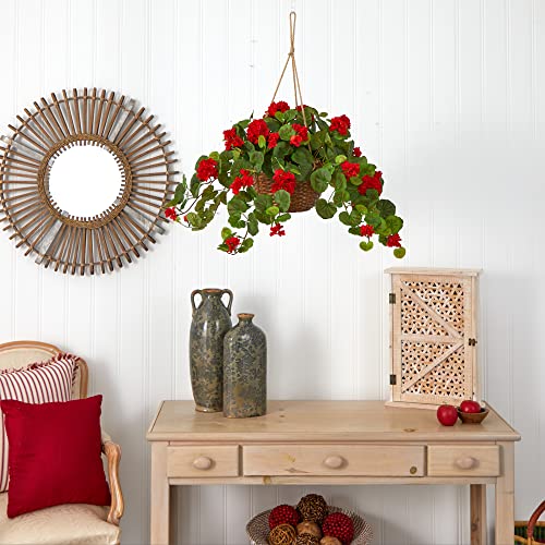 Nearly Natural 24in Artificial Geranium Hanging Basket Faux Floral Plant for Indoor Home Porch Decor, Red