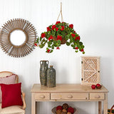 Nearly Natural 24in Artificial Geranium Hanging Basket Faux Floral Plant for Indoor Home Porch Decor, Red