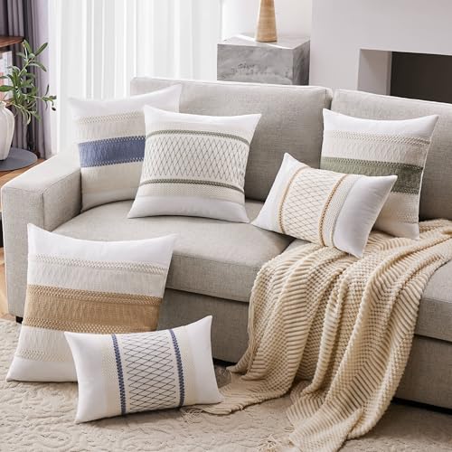 Soft Cotton Boho Throw Pillow Covers Set of 2, Natural White/Contrast Blue 18x18 Inch, Blue Farmhouse Decorative Cushion Covers for Sofa Bed Living Room Home Decor