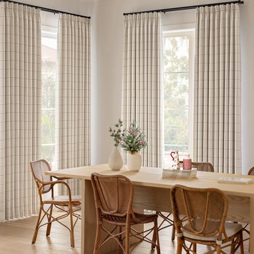 THREE GIRLS Plaid Pinch Pleated Curtains - Modern Luxury Linen Buffalo Blackout Drapes, Thermal Insulated Double Layer Window Panels for Living Room Bedroom, 90 Inches Long Brown 2 Panels Set