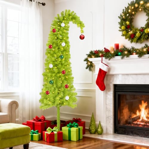 HMASYO 5ft Whimsical Artificial Christmas Tree with 150 LED Timer Lights, Lime Green Bendable Christmas Tree with Ball Ornaments & Metal Base Holiday Decor for Home, Office, Party, Easy Assembly