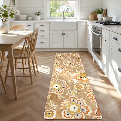 Lahome Floral Runners Rugs for Hallways - 2x6 Washable Non-Slip Kithcen Runner Rug Throw Soft Lightweight Bedroom Rug, Tan Paisley Print Modern Indoor Carpet Runner for Bathroom Laundry Room Entrance