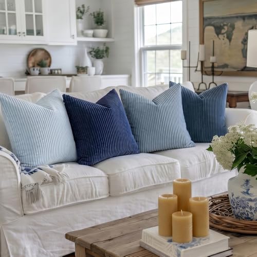 Decorative Corduroy Throw Pillow Covers 18x18 Inch Blue Ocean