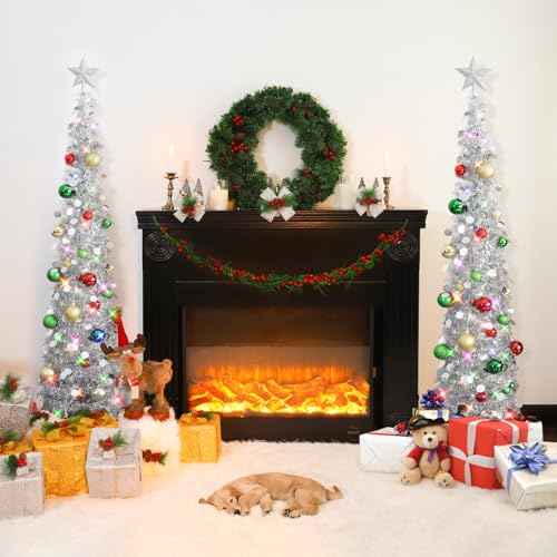 N&T NIETING Pop Up Christmas Tree with Lights & 30 Balls, 5Ft Collapsible Silver Tinsel Christmas Tree Decoration for Holiday Home Office Decor