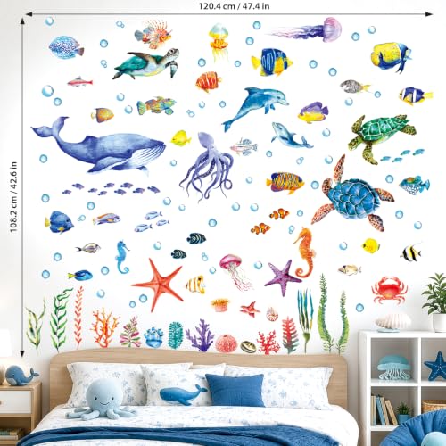 DECOWALL 128 Pieces Under The Sea Wall Decals Ocean Fish Stickers Turtle Jellyfish Seaweed Removable for Kids Bedroom Nursery Living Room Home Art Decor Bathroom Baby(DS12-8048)