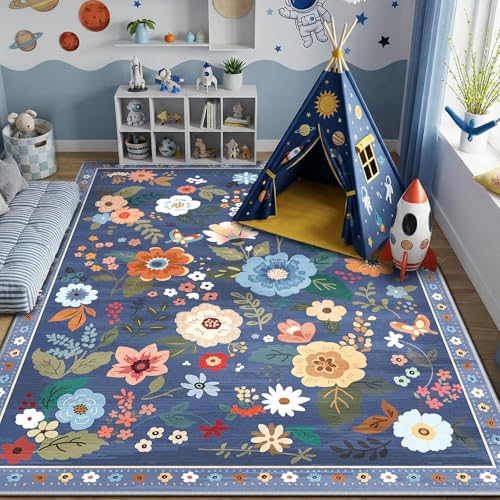 RELEANY Floral Washable 8x10 Area Rugs Blue/Grey
