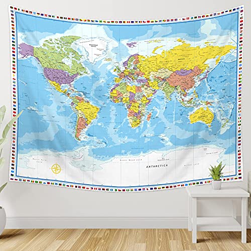 Large World Map Tapestry Wall Hanging For Kids Educational With Country Flags for Classroom Decor Kids Room Home Traveling Geography Students 60x80 In