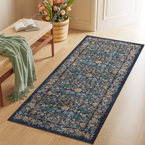 2x5 Rug Runner, Washable Vintage Floral Bathroom Rugs, Dark Blue