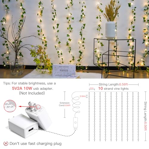 suddus Vines with Light for Bedroom, 200 LED Fairy Lights with Vines, Ivy Curtain Lights for Dorm, Wedding, Party, Wall, Indoor, Outdoor Decor, 6.5ft x 6.5ft with Remote（Warm White）