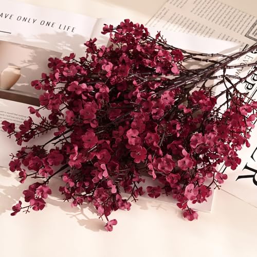 Waipfaru 6Pcs Fake Flowers Babys Breath Silk Artificial Flowers Gypsophila Bouquets Bulk Real Touch Fall Stems for Fall Thanksgiving Decor Autumn DIY Floral Arrangement Table Centerpieces, Wine Red