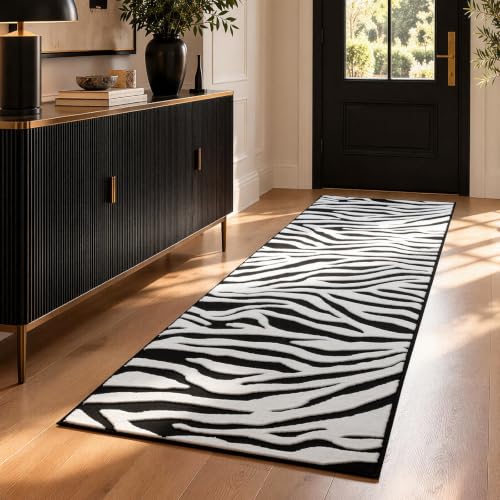 Zebra Hallway Runner Rugs 2x6: Black and White Modern Washable Rug