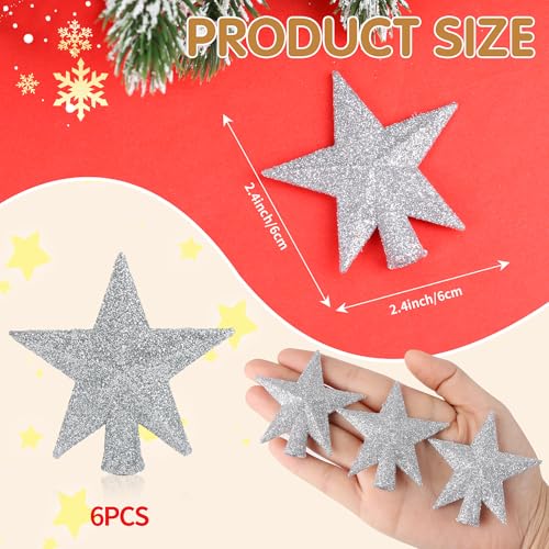 FOIMAS Mini Christmas Tree Topper Star,6pcs Glitter Christmas Tree Topper for Small Christmas Tree Craft Home Decoration,Silver